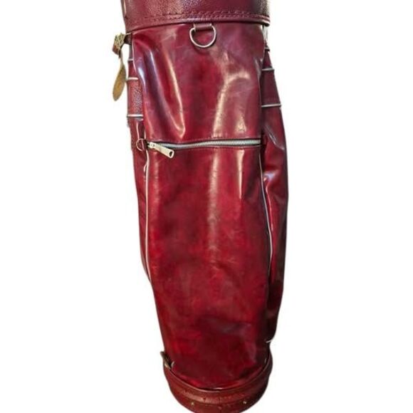 Vintage MacGregor Deep Wine Red Leather Golf Cart Bag w/ Carry Strap & Rain Hood - Picture 4 of 10